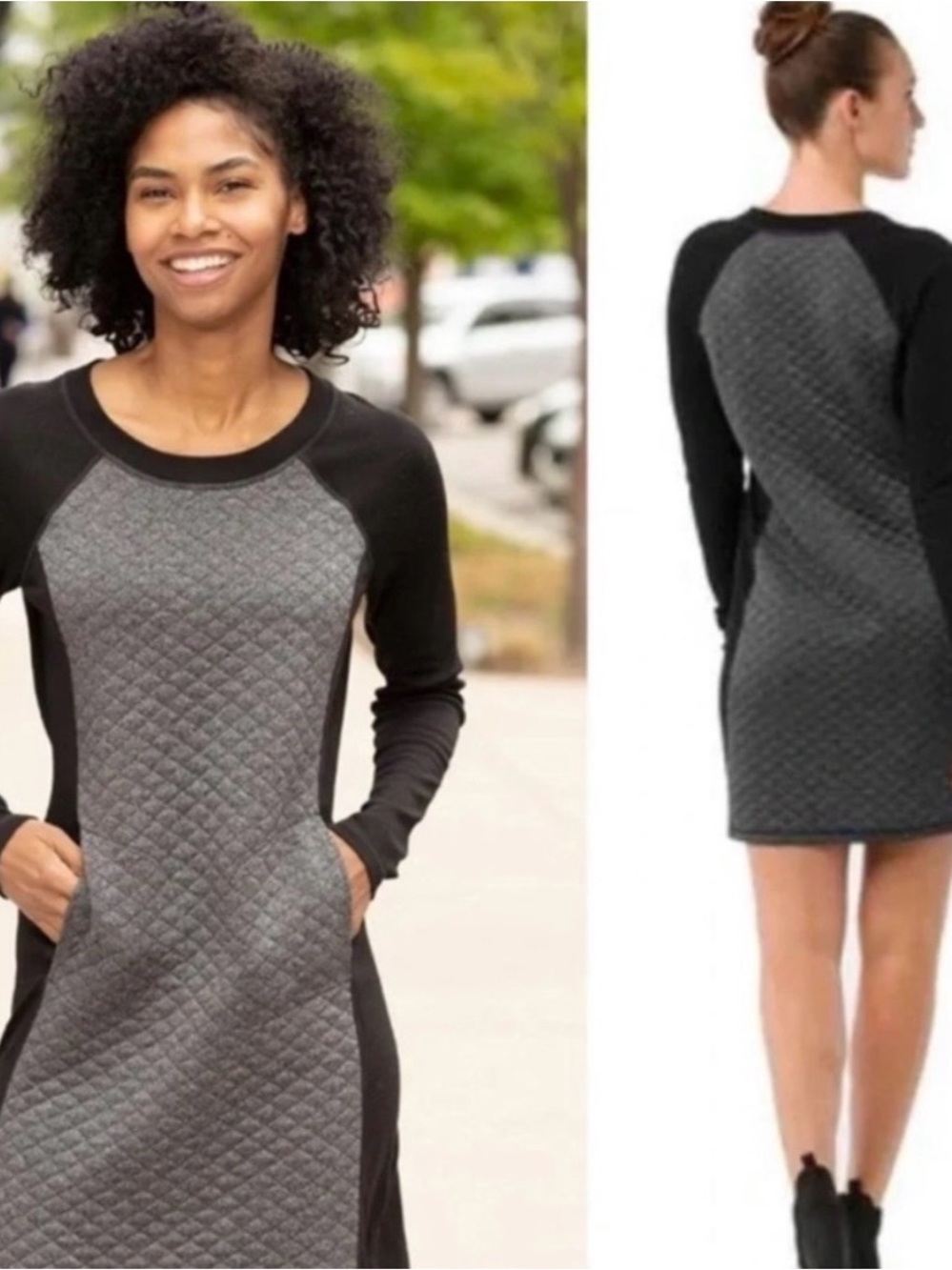 Smartwool Quilted Gray and Black Long-Sleeve Sweatshirt Dress